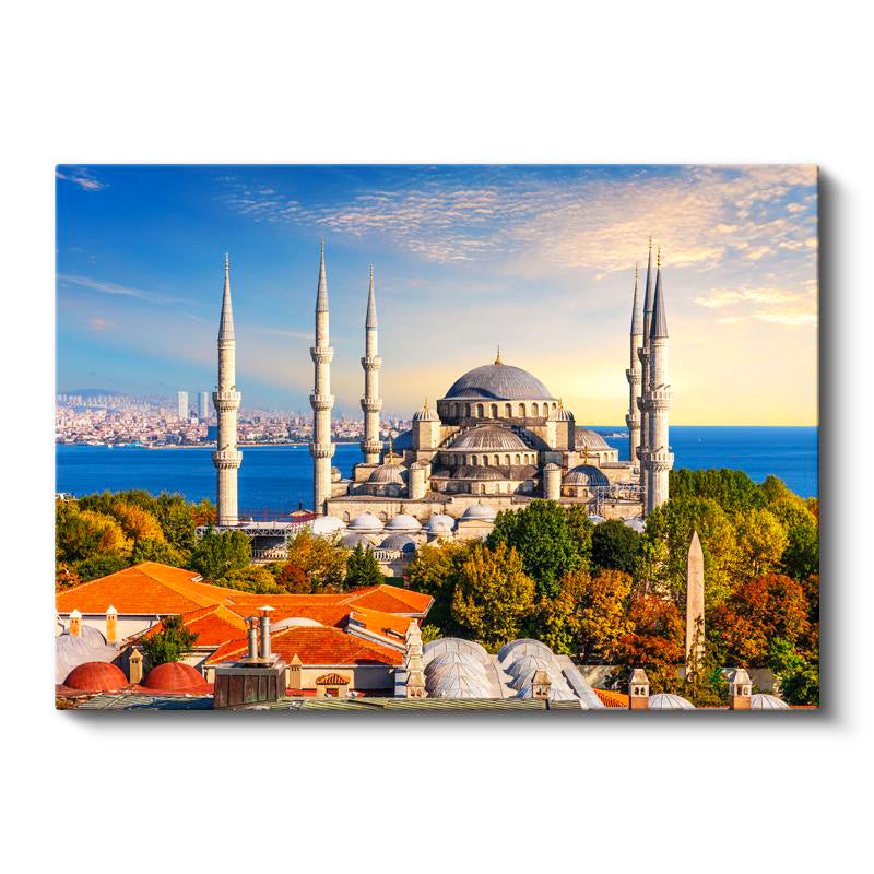 Yatay Kanvas Tablo Sultanahmet Camii ve Yeşillik Manzara Şehir Mimari Tablo Ev Ofis Duvar Dekoru