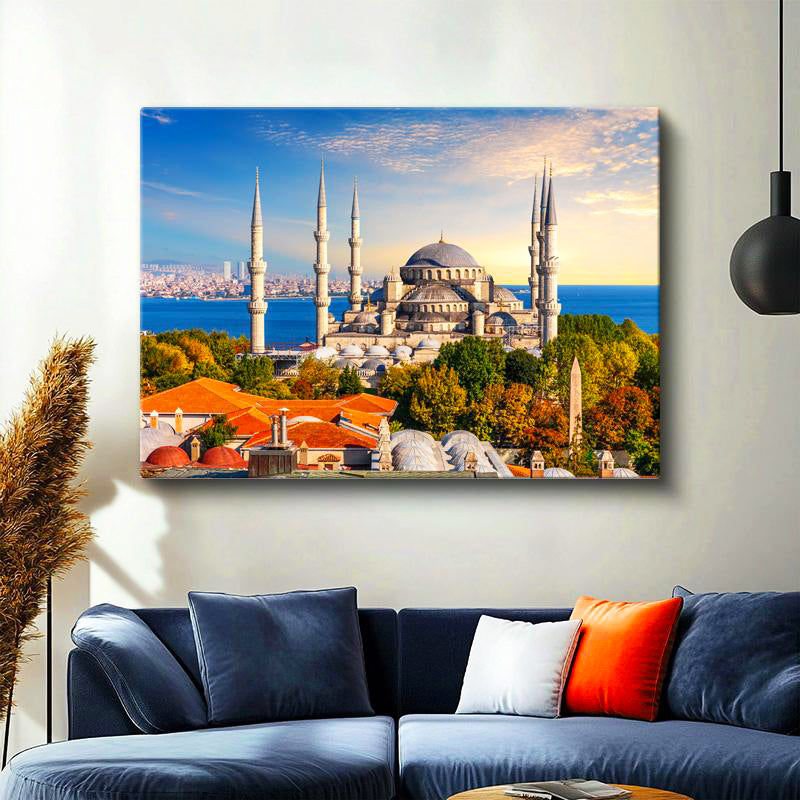 Yatay Kanvas Tablo Sultanahmet Camii ve Yeşillik Manzara Şehir Mimari Tablo Ev Ofis Duvar Dekoru