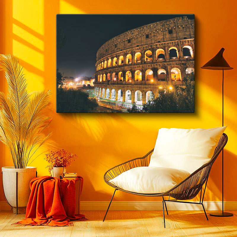 Yatay Kanvas Tablo Roma Kolezyum Gece Aydınlatması Şehir Mimari Tablo Ev Ofis Duvar Dekoru