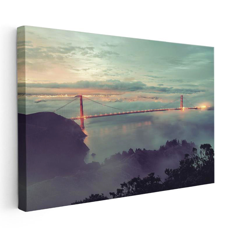 Yatay Kanvas Tablo Golden Gate Köprüsü Sisli Tepeler Şehir Mimari Tablo Ev Ofis Duvar Dekoru