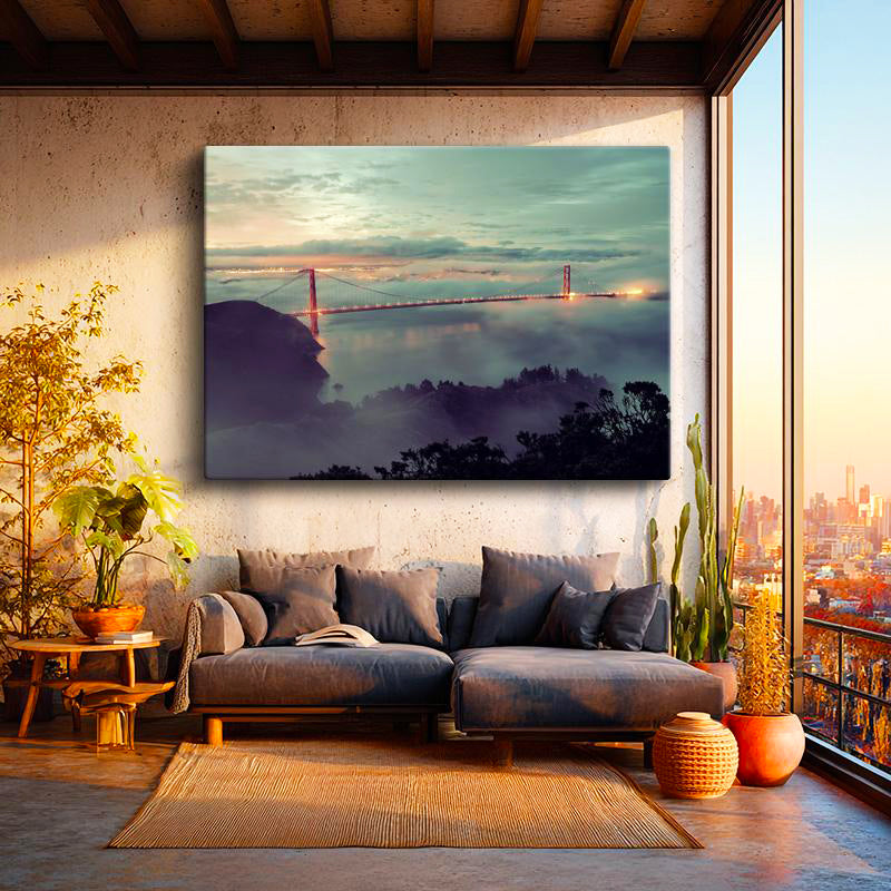 Yatay Kanvas Tablo Golden Gate Köprüsü Sisli Tepeler Şehir Mimari Tablo Ev Ofis Duvar Dekoru