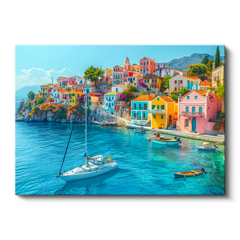 Yatay Kanvas Tablo Renkli Sahil Kasabası ve Tekneler Şehir Mimari Tablo Ev Ofis Duvar Dekoru