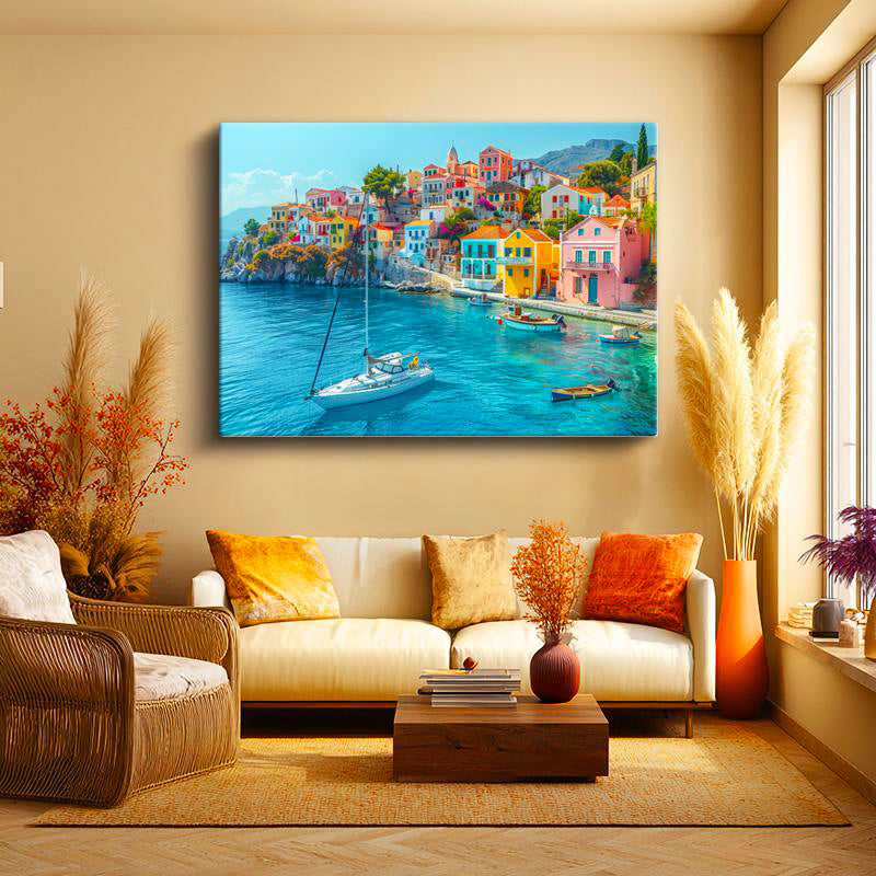 Yatay Kanvas Tablo Renkli Sahil Kasabası ve Tekneler Şehir Mimari Tablo Ev Ofis Duvar Dekoru