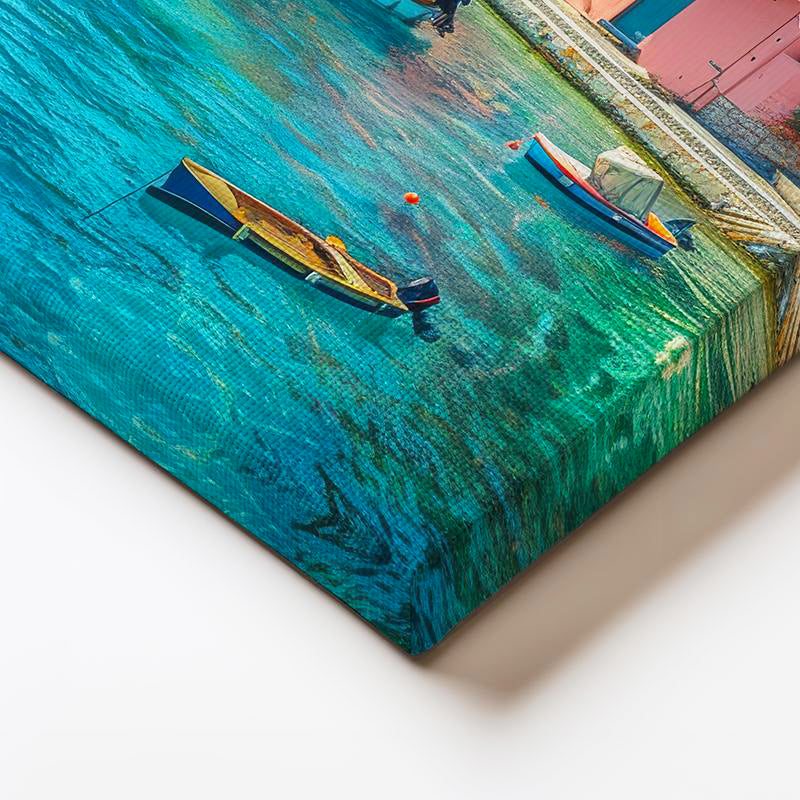 Yatay Kanvas Tablo Renkli Sahil Kasabası ve Tekneler Şehir Mimari Tablo Ev Ofis Duvar Dekoru