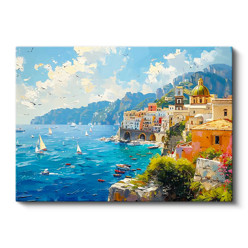 Yatay Kanvas Tablo İtalyan Sahili Kubbeli Yapılar Şehir Mimari Tablo Ev Ofis Duvar Dekoru