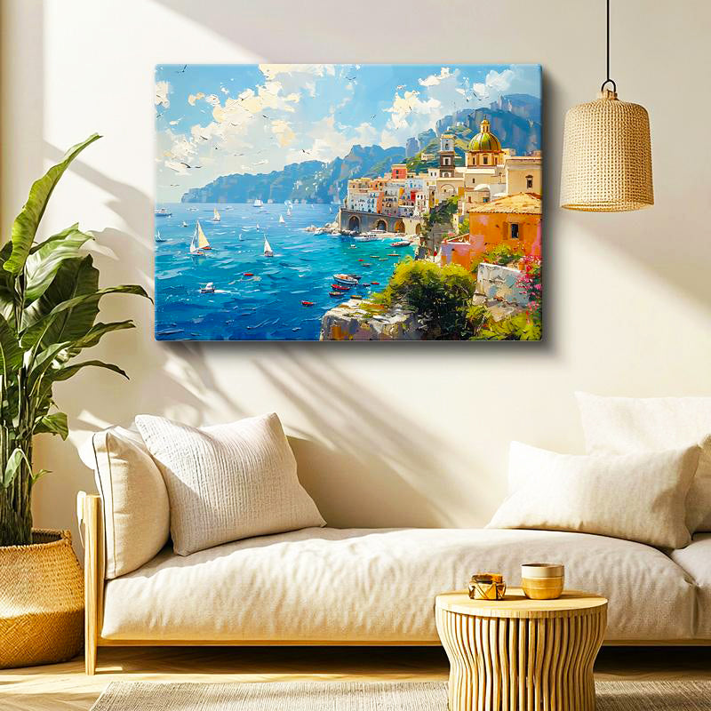 Yatay Kanvas Tablo İtalyan Sahili Kubbeli Yapılar Şehir Mimari Tablo Ev Ofis Duvar Dekoru