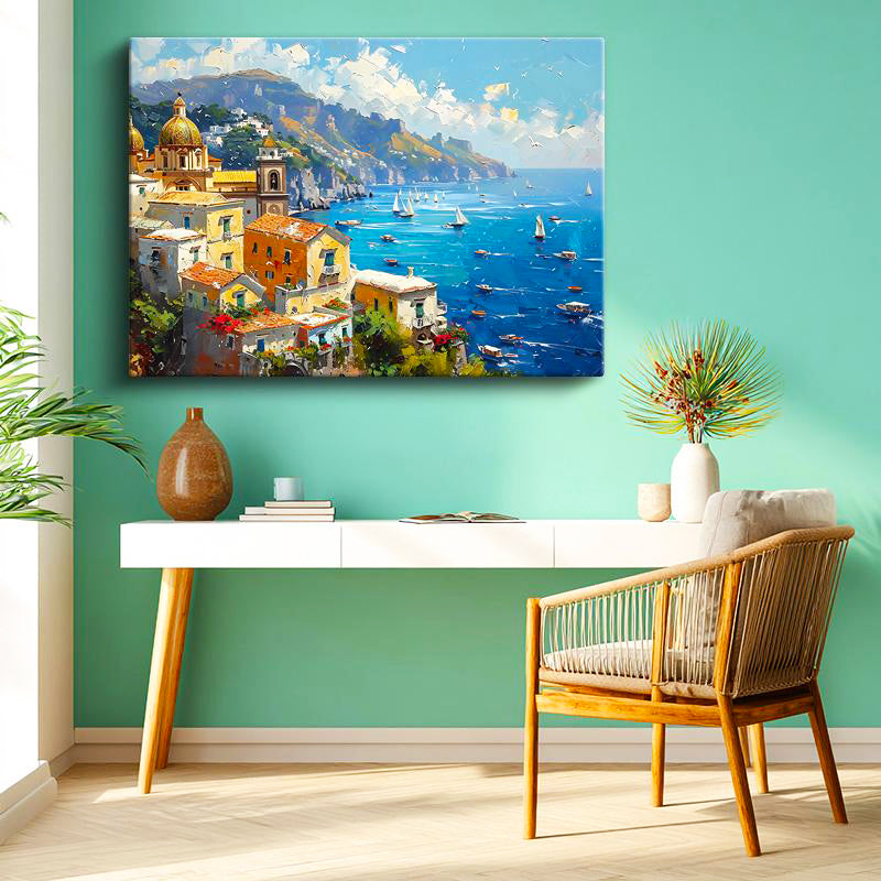Yatay Kanvas Tablo Akdeniz Köyü ve Yelkenliler Şehir Mimari Tablo Ev Ofis Duvar Dekoru