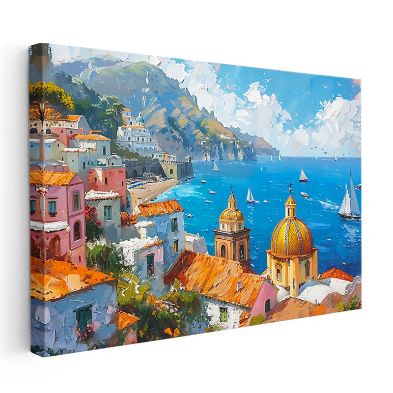 Yatay Kanvas Tablo İtalyan Kıyıları Sarı Kubbeli Yapı Şehir Mimari Tablo Ev Ofis Duvar Dekoru