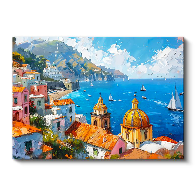 Yatay Kanvas Tablo İtalyan Kıyıları Sarı Kubbeli Yapı Şehir Mimari Tablo Ev Ofis Duvar Dekoru