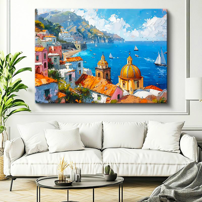 Yatay Kanvas Tablo İtalyan Kıyıları Sarı Kubbeli Yapı Şehir Mimari Tablo Ev Ofis Duvar Dekoru