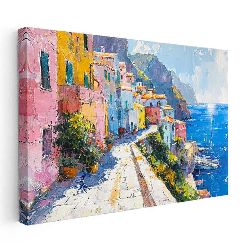 Yatay Kanvas Tablo Sahil Yolu ve Renkli Kasaba Şehir Mimari Tablo Ev Ofis Duvar Dekoru
