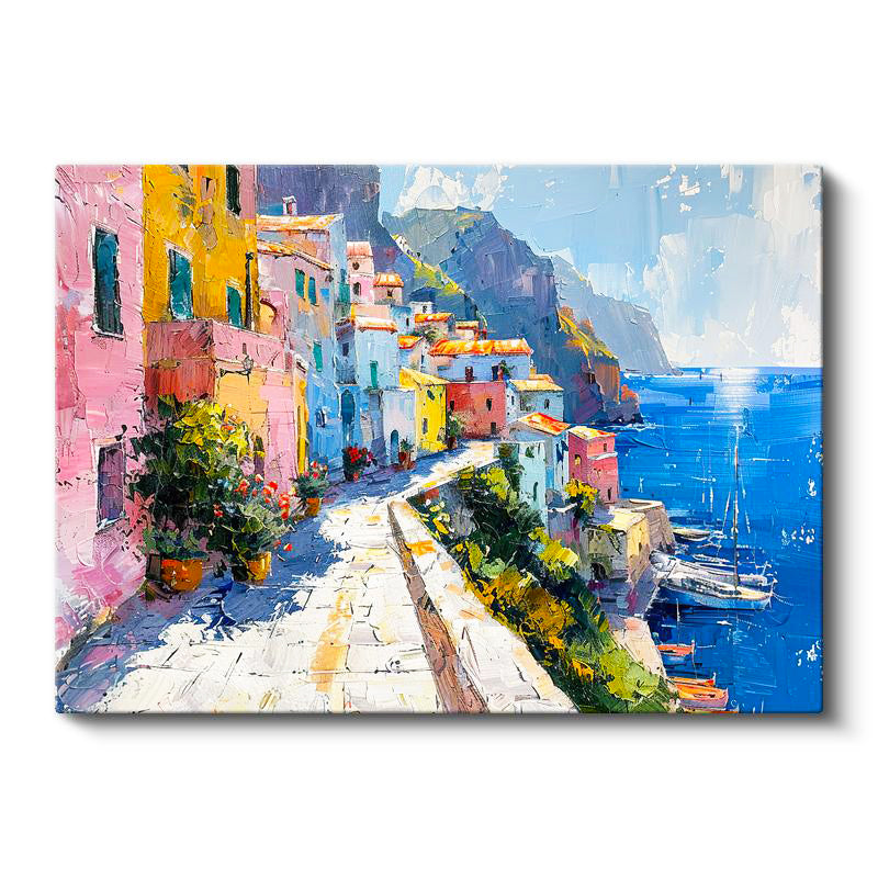 Yatay Kanvas Tablo Sahil Yolu ve Renkli Kasaba Şehir Mimari Tablo Ev Ofis Duvar Dekoru