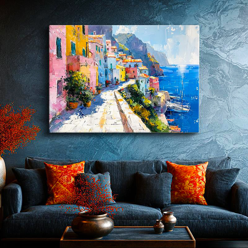 Yatay Kanvas Tablo Sahil Yolu ve Renkli Kasaba Şehir Mimari Tablo Ev Ofis Duvar Dekoru