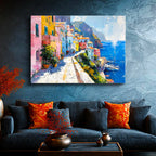 Yatay Kanvas Tablo Sahil Yolu ve Renkli Kasaba Şehir Mimari Tablo Ev Ofis Duvar Dekoru