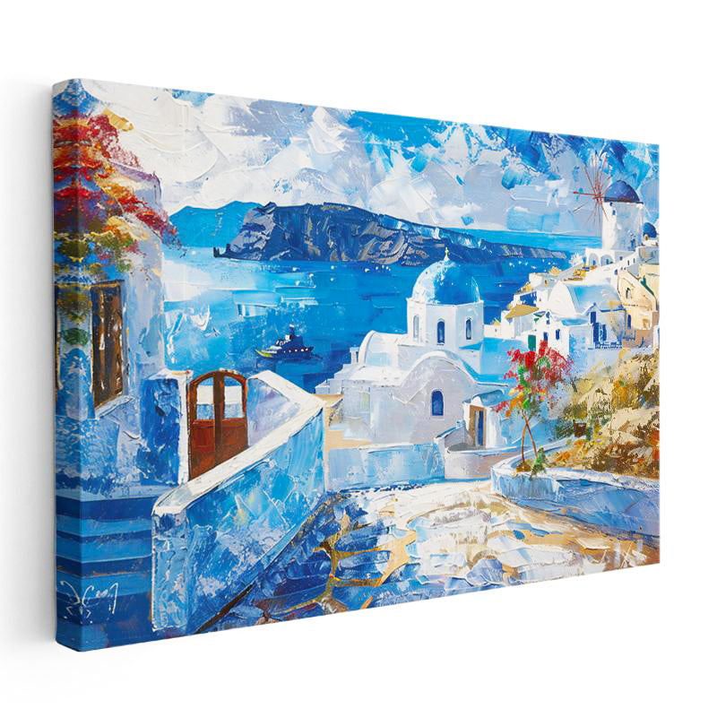 Yatay Kanvas Tablo Santorini Beyaz Evler Değirmen Şehir Mimari Tablo Ev Ofis Duvar Dekoru