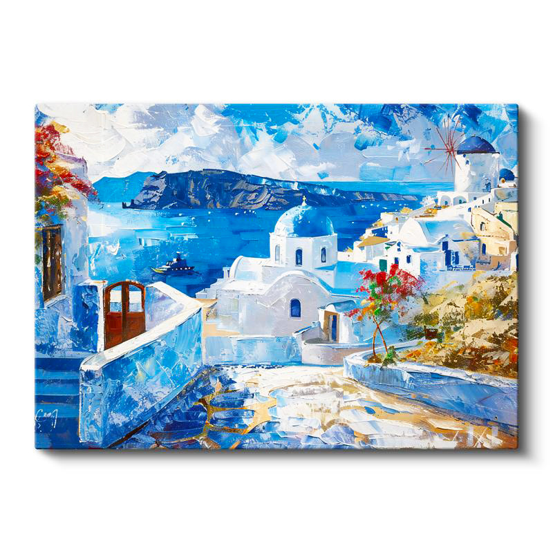 Yatay Kanvas Tablo Santorini Beyaz Evler Değirmen Şehir Mimari Tablo Ev Ofis Duvar Dekoru