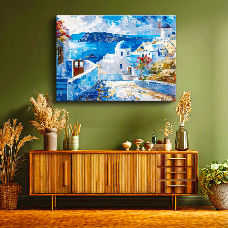 Yatay Kanvas Tablo Santorini Beyaz Evler Değirmen Şehir Mimari Tablo Ev Ofis Duvar Dekoru