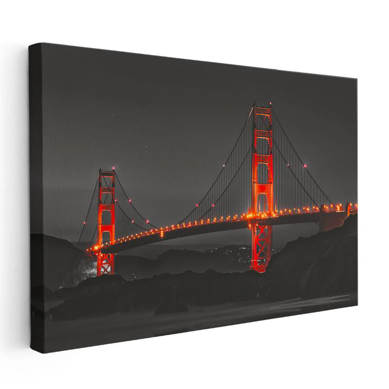 Yatay Kanvas Tablo Golden Gate Köprüsü Gece Aydınlatması Şehir Mimari Tablo Ev Ofis Duvar Dekoru