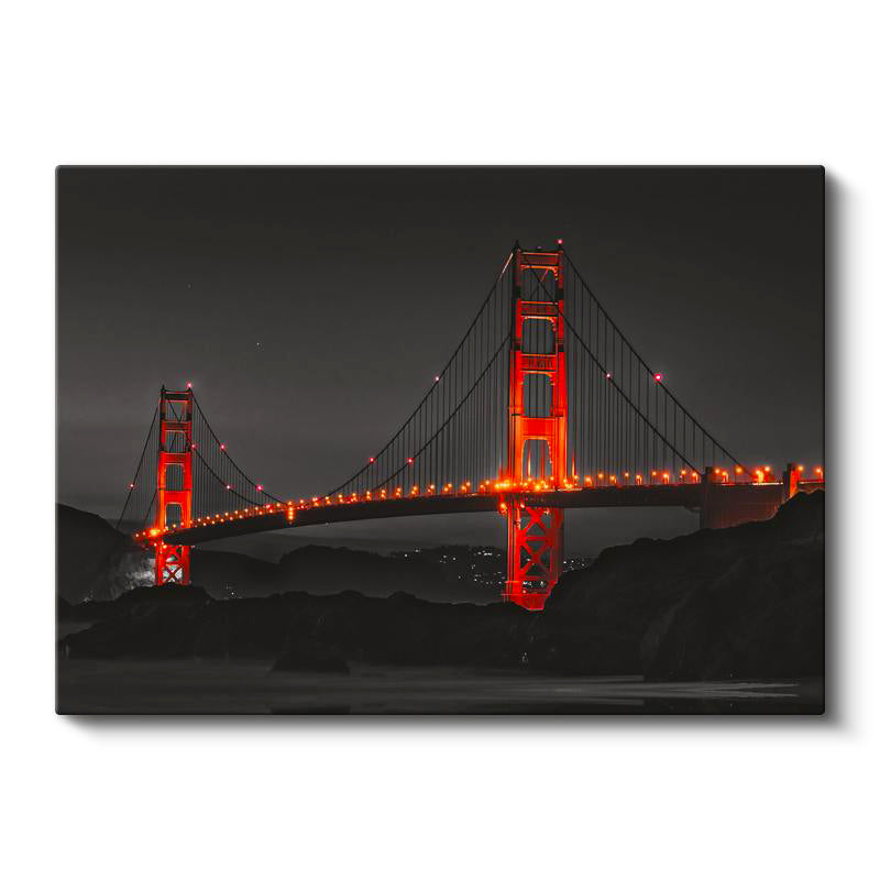 Yatay Kanvas Tablo Golden Gate Köprüsü Gece Aydınlatması Şehir Mimari Tablo Ev Ofis Duvar Dekoru