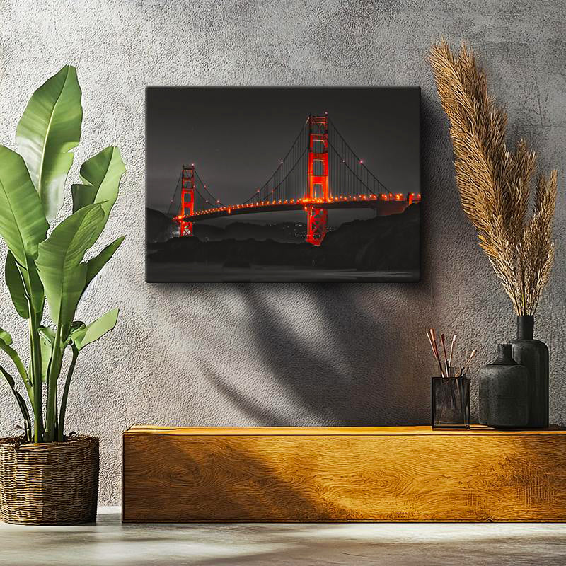 Yatay Kanvas Tablo Golden Gate Köprüsü Gece Aydınlatması Şehir Mimari Tablo Ev Ofis Duvar Dekoru