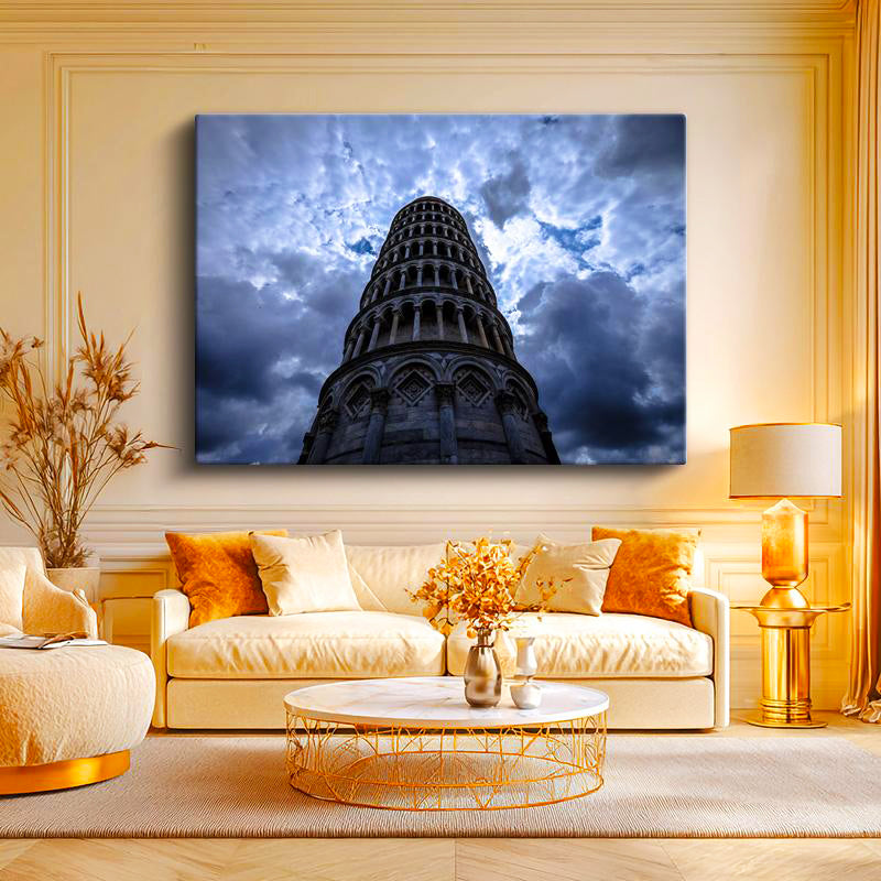 Yatay Kanvas Tablo Pisa Kulesi Dramatik Bulutlar Şehir Mimari Tablo Ev Ofis Duvar Dekoru