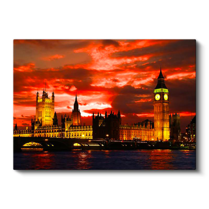 Yatay Kanvas Tablo Westminster Sarayı Kızıl Gökyüzü Şehir Mimari Tablo Ev Ofis Duvar Dekoru