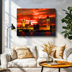 Yatay Kanvas Tablo Westminster Sarayı Kızıl Gökyüzü Şehir Mimari Tablo Ev Ofis Duvar Dekoru