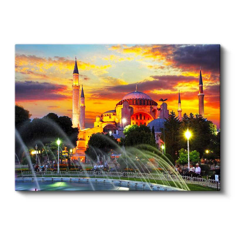 Yatay Kanvas Tablo Ayasofya Camii Havuz Fıskiyeleri Şehir Mimari Tablo Ev Ofis Duvar Dekoru