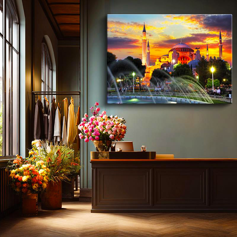 Yatay Kanvas Tablo Ayasofya Camii Havuz Fıskiyeleri Şehir Mimari Tablo Ev Ofis Duvar Dekoru