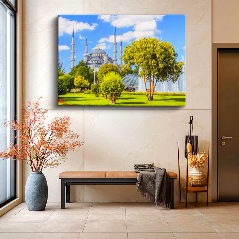 Yatay Kanvas Tablo Sultanahmet Camii Yeşillik ve Havuz Şehir Mimari Tablo Ev Ofis Duvar Dekoru