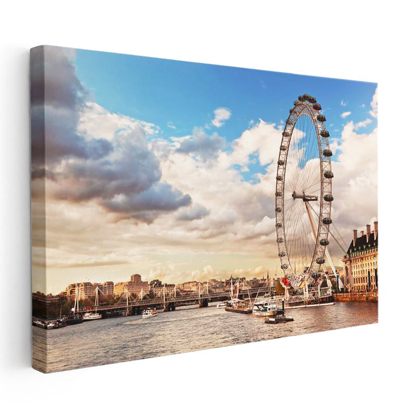 Yatay Kanvas Tablo Londra London Eye Dönme Dolap Şehir Mimari Tablo Ev Ofis Duvar Dekoru