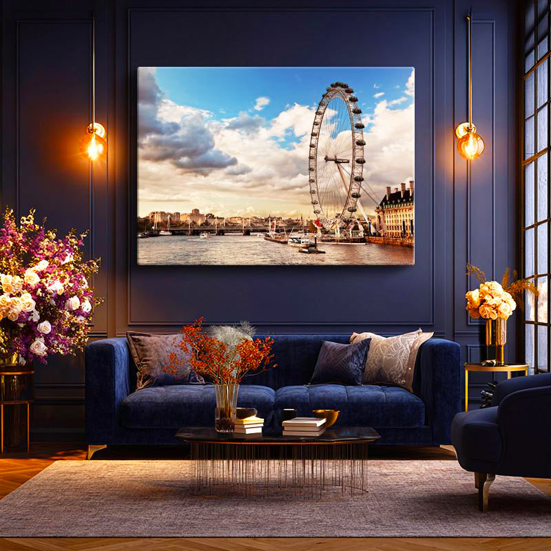 Yatay Kanvas Tablo Londra London Eye Dönme Dolap Şehir Mimari Tablo Ev Ofis Duvar Dekoru
