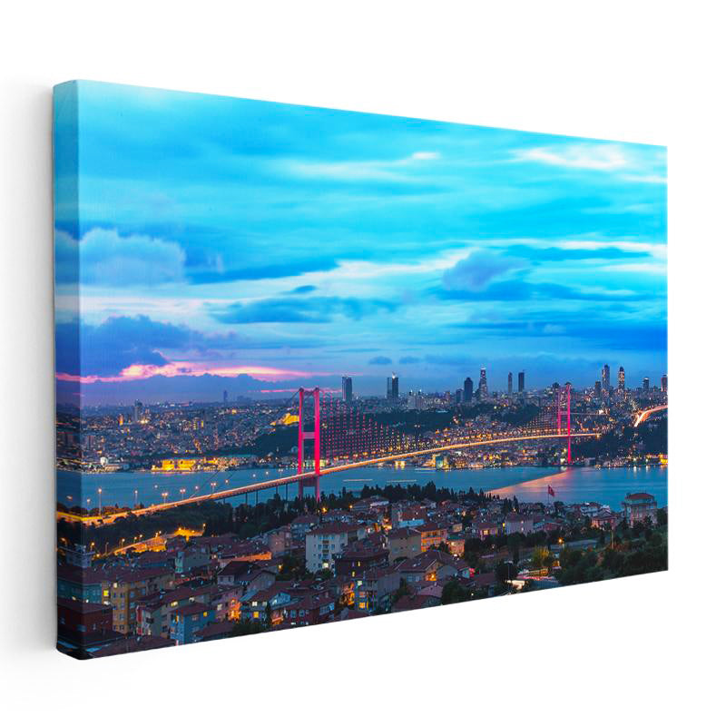 Yatay Kanvas Tablo İstanbul Boğaz Köprüsü Gece Şehir Mimari Tablo Ev Ofis Duvar Dekoru