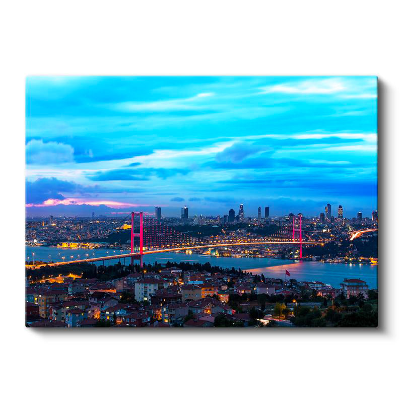 Yatay Kanvas Tablo İstanbul Boğaz Köprüsü Gece Şehir Mimari Tablo Ev Ofis Duvar Dekoru