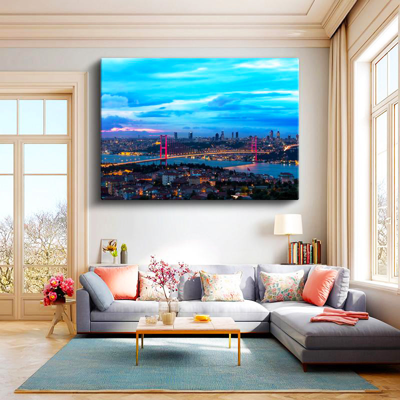Yatay Kanvas Tablo İstanbul Boğaz Köprüsü Gece Şehir Mimari Tablo Ev Ofis Duvar Dekoru