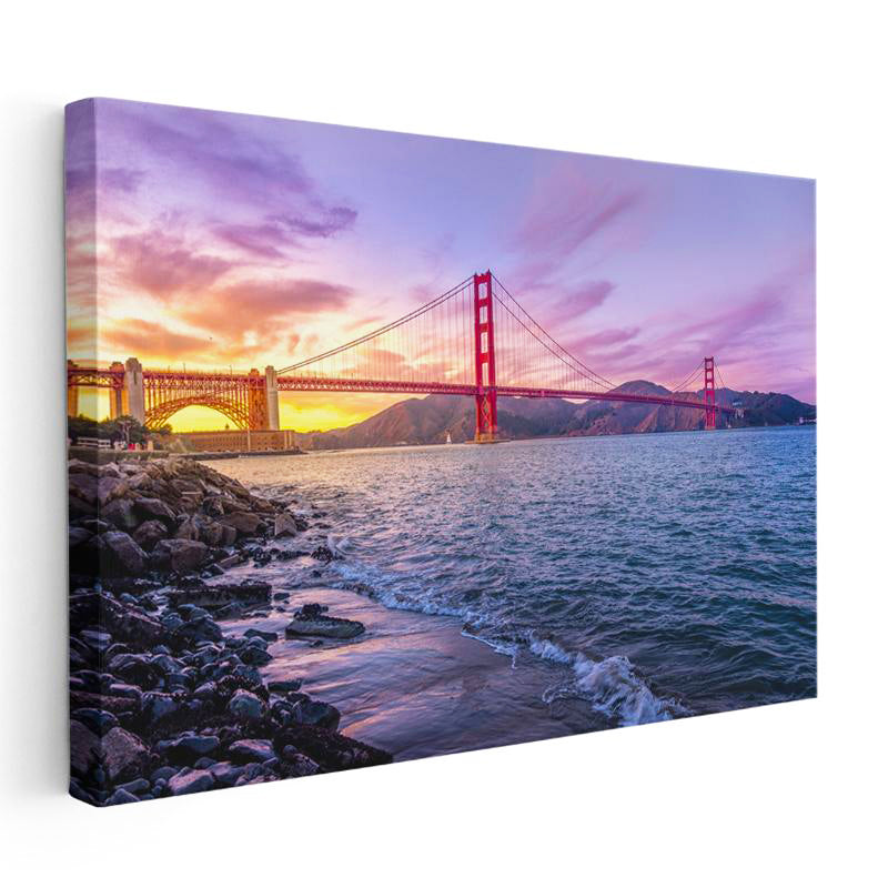Yatay Kanvas Tablo Golden Gate Köprüsü Mor Gökyüzü Şehir Mimari Tablo Ev Ofis Duvar Dekoru