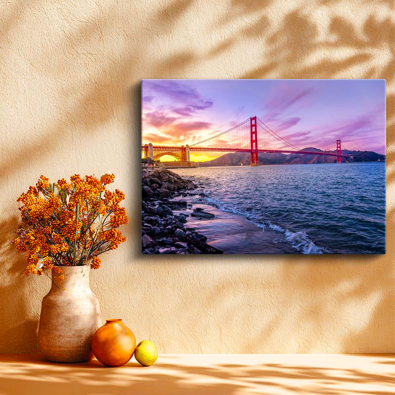 Yatay Kanvas Tablo Golden Gate Köprüsü Mor Gökyüzü Şehir Mimari Tablo Ev Ofis Duvar Dekoru