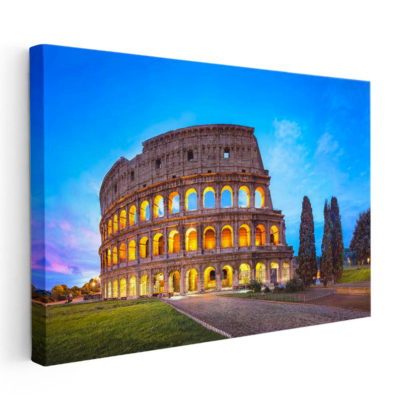 Yatay Kanvas Tablo Roma Kolezyum Mavi Saatler ve Ağaçlar Şehir Mimari Tablo Ev Ofis Duvar Dekoru