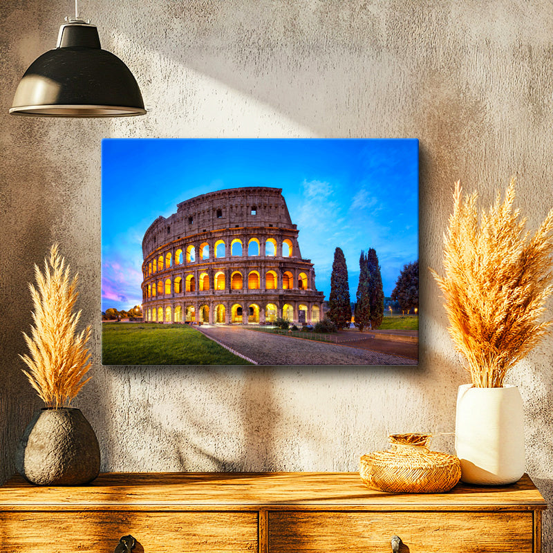 Yatay Kanvas Tablo Roma Kolezyum Mavi Saatler ve Ağaçlar Şehir Mimari Tablo Ev Ofis Duvar Dekoru