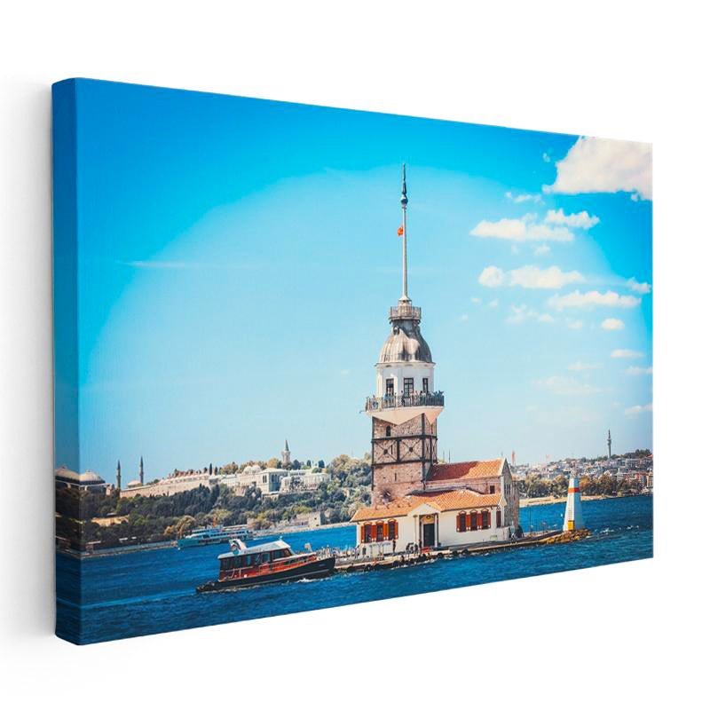 Yatay Kanvas Tablo İstanbul Kız Kulesi ve Boğaz Şehir Mimari Tablo Ev Ofis Duvar Dekoru