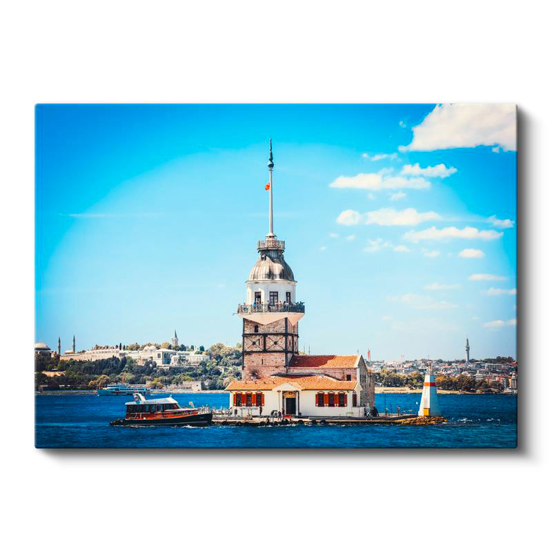 Yatay Kanvas Tablo İstanbul Kız Kulesi ve Boğaz Şehir Mimari Tablo Ev Ofis Duvar Dekoru