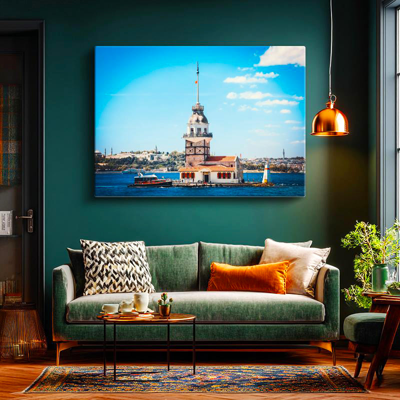 Yatay Kanvas Tablo İstanbul Kız Kulesi ve Boğaz Şehir Mimari Tablo Ev Ofis Duvar Dekoru