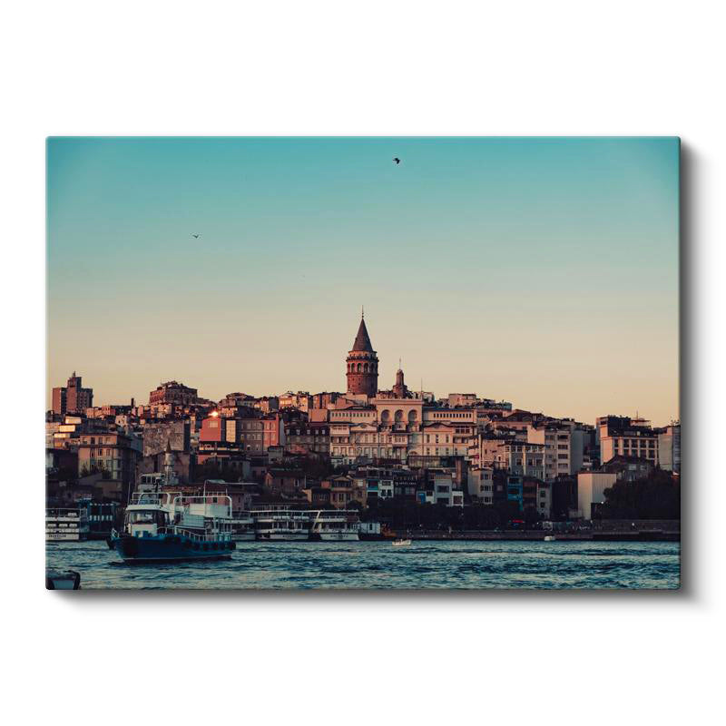 Yatay Kanvas Tablo Galata Kulesi ve Gün Batımı Silüeti Şehir Mimari Tablo Ev Ofis Duvar Dekoru