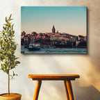 Yatay Kanvas Tablo Galata Kulesi ve Gün Batımı Silüeti Şehir Mimari Tablo Ev Ofis Duvar Dekoru