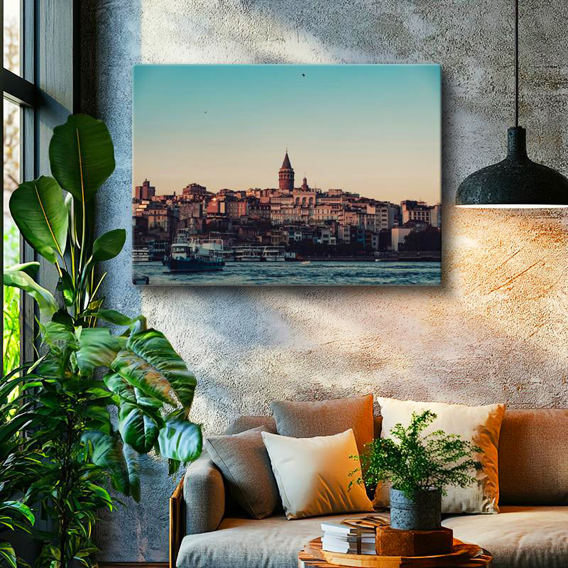 Yatay Kanvas Tablo Galata Kulesi ve Gün Batımı Silüeti Şehir Mimari Tablo Ev Ofis Duvar Dekoru