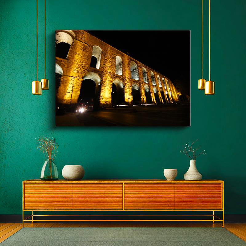 Yatay Kanvas Tablo İstanbul Bozdoğan Su Kemeri Gece Şehir Mimari Tablo Ev Ofis Duvar Dekoru