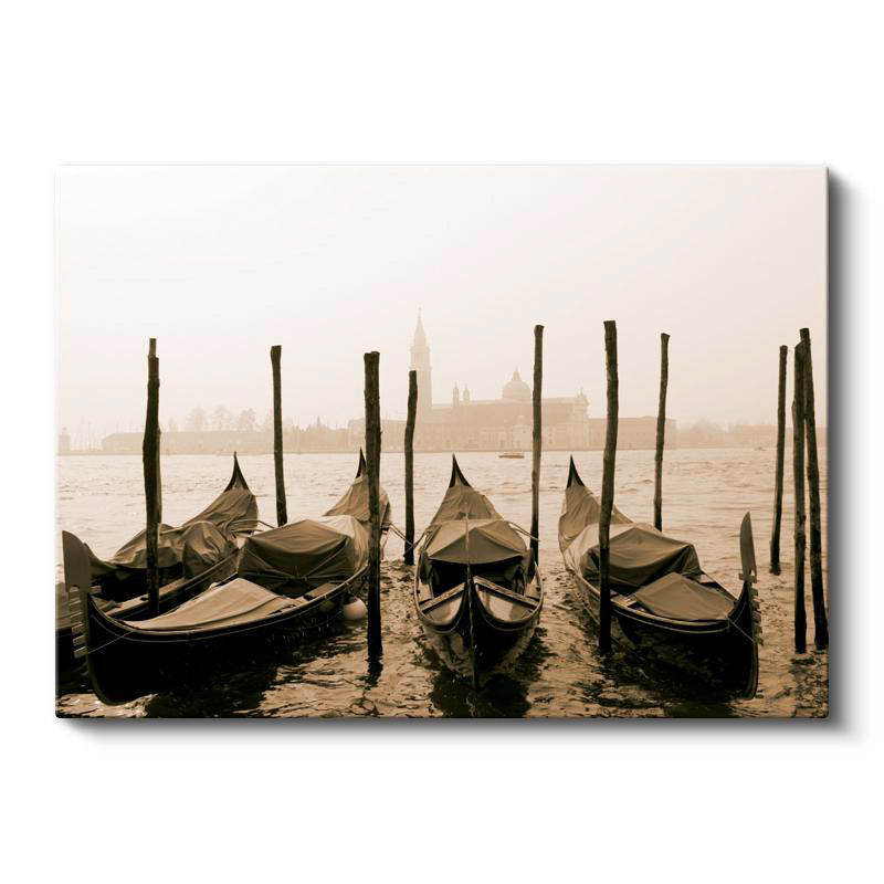 Yatay Kanvas Tablo Venedik Gondolları ve Sisli Kanal Şehir Mimari Tablo Ev Ofis Duvar Dekoru