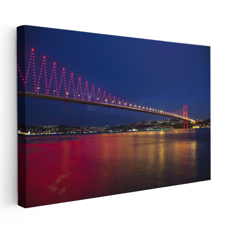 Yatay Kanvas Tablo Boğaz Köprüsü Kırmızı Gece Yansımaları Şehir Mimari Tablo Ev Ofis Duvar Dekoru