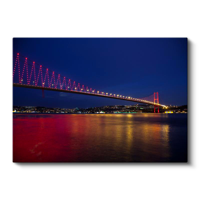 Yatay Kanvas Tablo Boğaz Köprüsü Kırmızı Gece Yansımaları Şehir Mimari Tablo Ev Ofis Duvar Dekoru