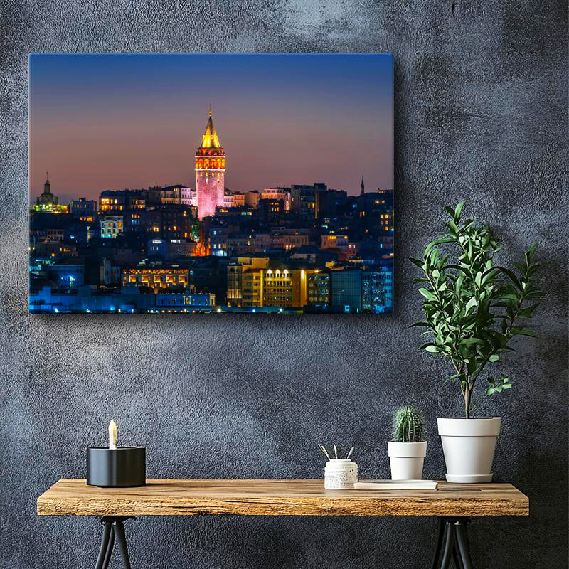 Yatay Kanvas Tablo Galata Kulesi Gece Şehir Işıltısı Şehir Mimari Tablo Ev Ofis Duvar Dekoru